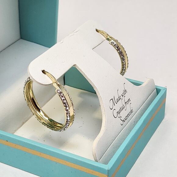 Jenni Park Swarovski Crystal Gold Tone Round Hoop 1" Earrings Lightweight New - Picture 3 of 6